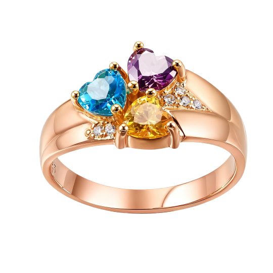 Anel em ouro rosa 10K com pedra de nascimento em forma de coração, personalizável e com opção de gravação.