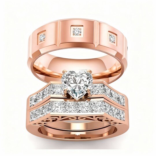 Anillos de pareja de moissanita talla corazón en oro rosa de 10 quilates