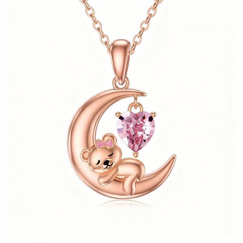 Collar con colgante de oso y luna de cristal tallado en forma de corazón en oro rosa de 10 quilates-1