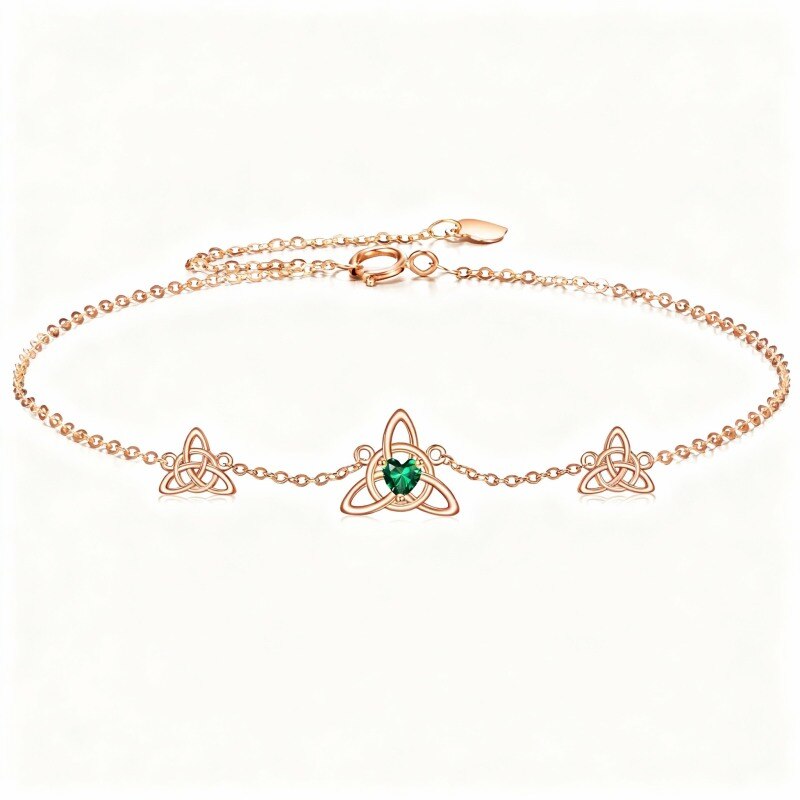 Bracelet à breloques en or rose 10 carats avec cristal en forme de cœur et nœud celtique-1