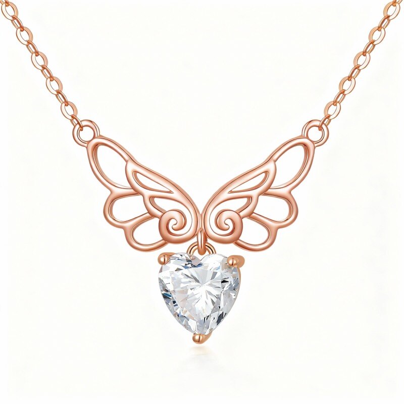 Collar con colgante de ala de ángel de circonita cúbica talla corazón en oro rosa de 18 quilates-1