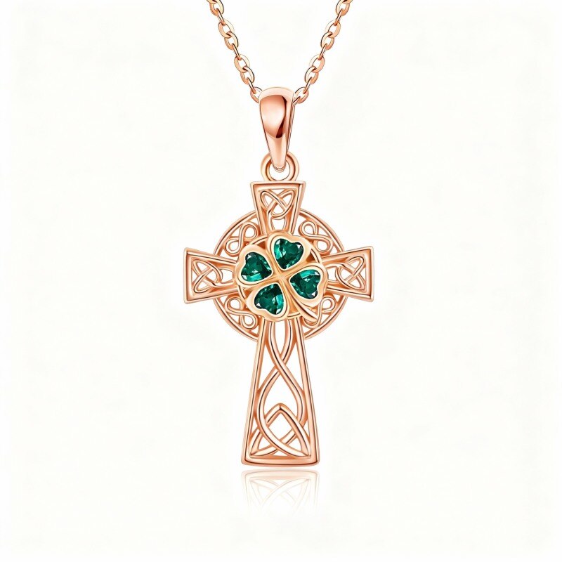 14K Rose Gold Heart Cut Cubic Zirconia Celtic Knot & Cross Pendant Necklace-1