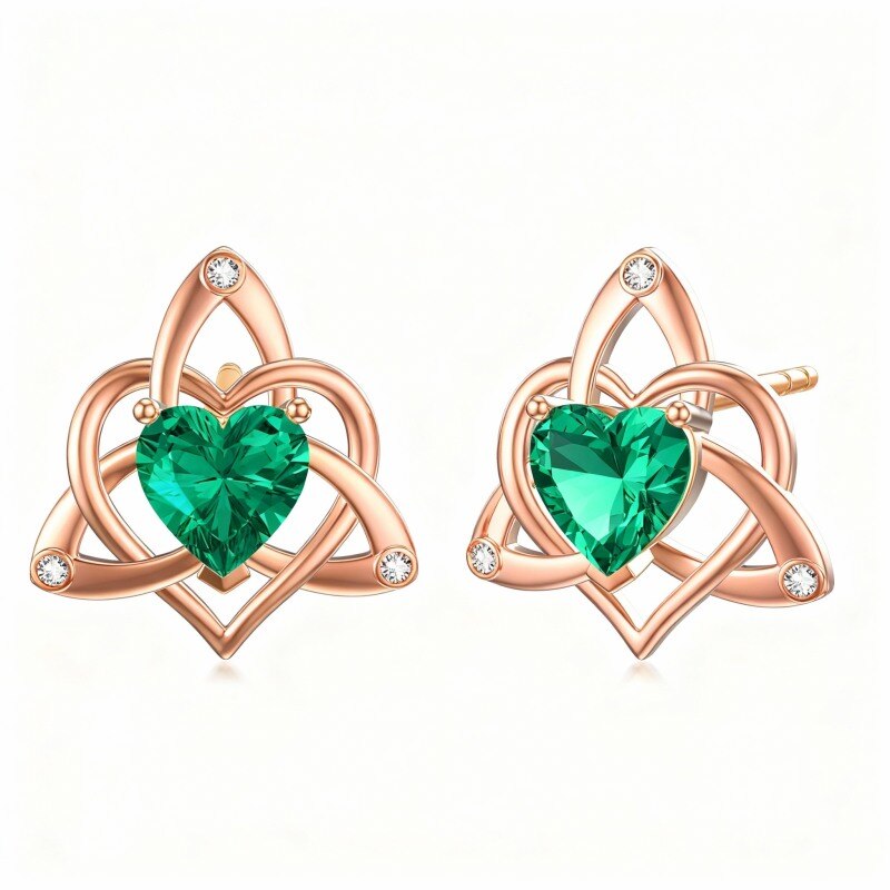Ohrstecker aus 14-karätigem Roségold mit herzförmigem Zirkonia-Schliff und keltischem Knotenmuster-1