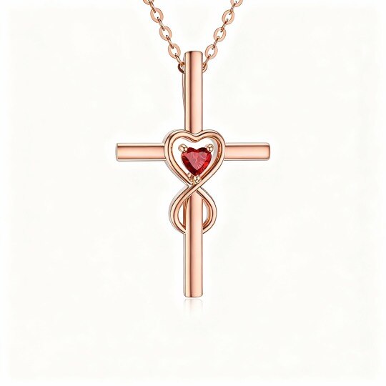 Halskette aus 9-karätigem Roségold mit herzförmigem Kreuz- und Herzanhänger aus Zirkonia im Herzschliff
