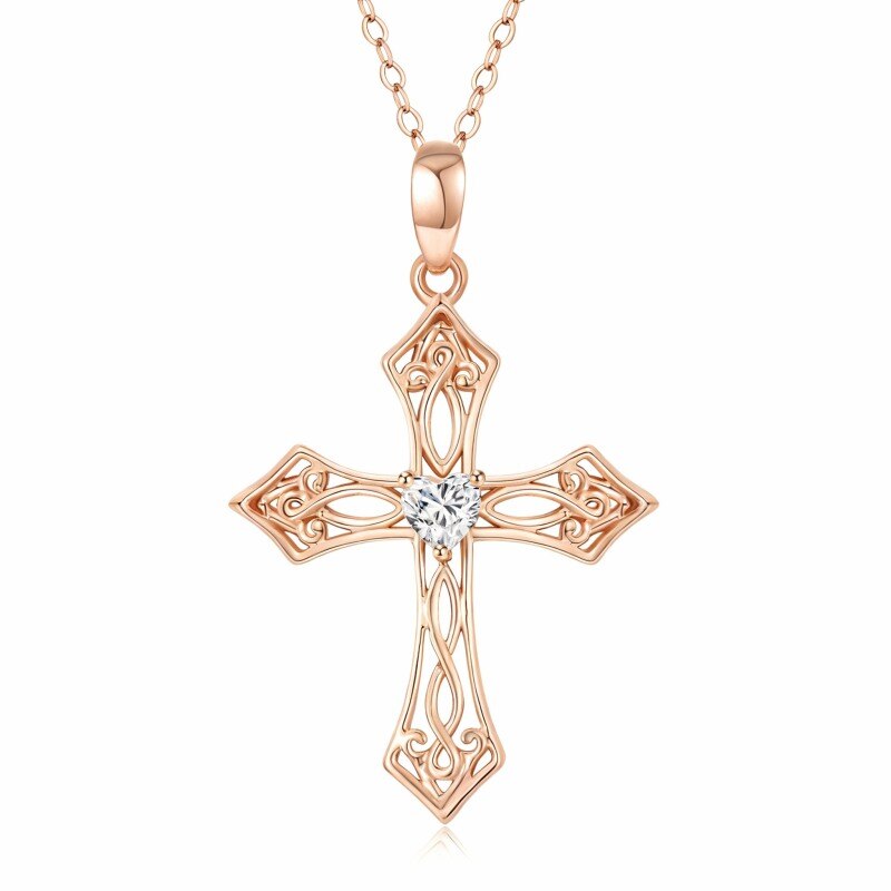 Collier pendentif croix en or rose 14 carats avec zircon cubique taille cœur-1