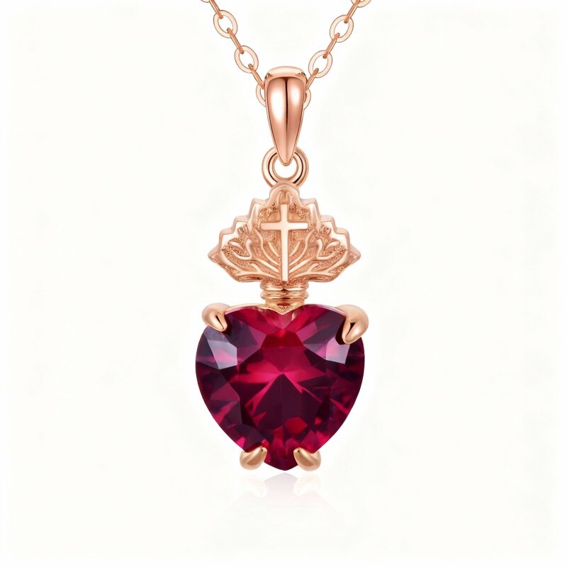 Collar con colgante de cruz de circonita cúbica talla corazón en oro rosa de 9 quilates-1