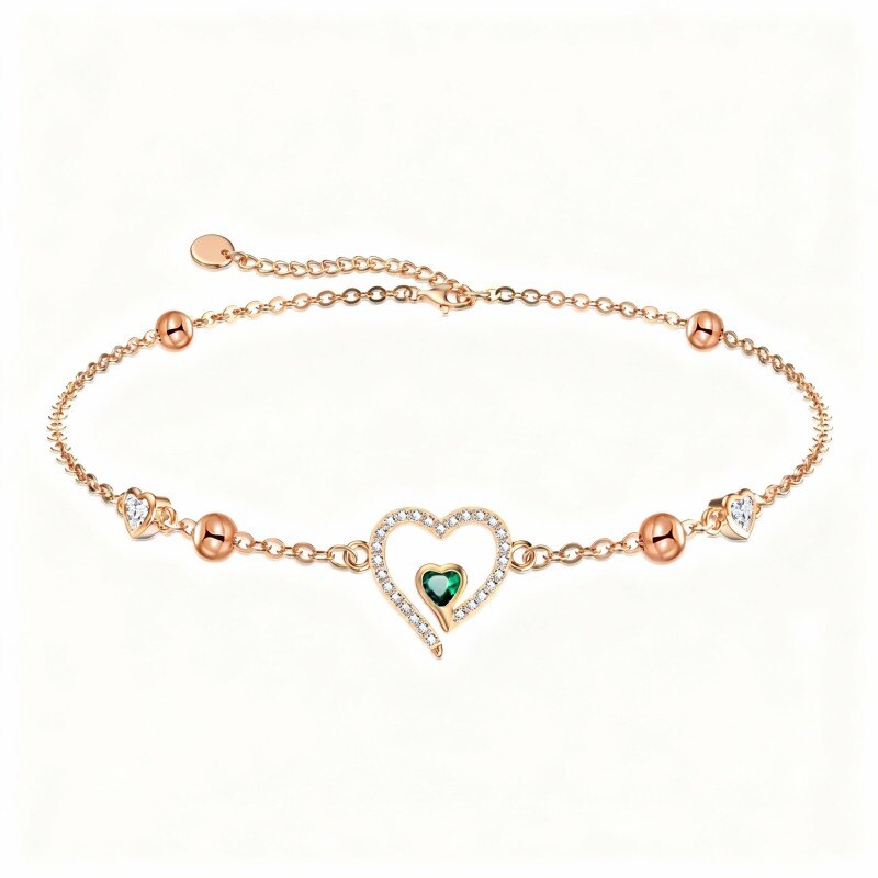 Bracelet à breloques en or rose 10 carats avec zircon cubique en forme de cœur-1