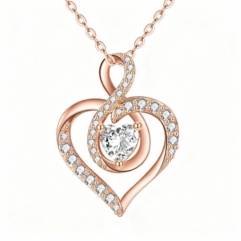 14K Rose Gold Heart Cut Cubic Zirconia Heart & Infinity Symbol Pendant Necklace-1