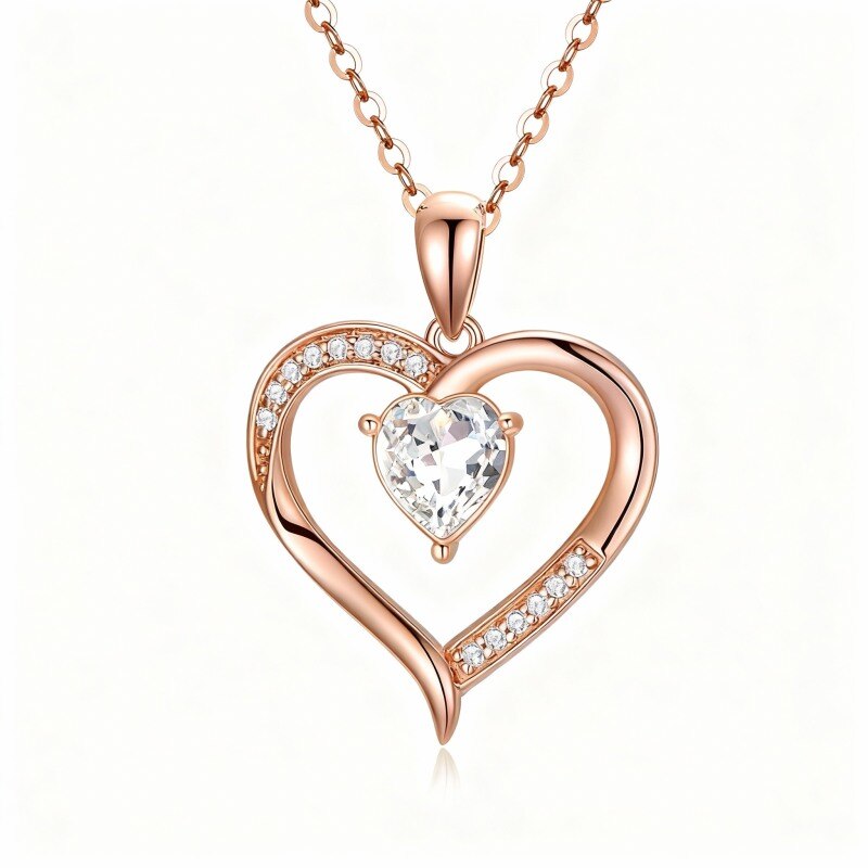 10K Rose Gold Heart Cut Cubic Zirconia Heart Pendant Necklace-1