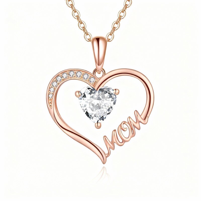 Collar con colgante de corazón de circonita cúbica tallada en oro rosa de 14 quilates con palabra grabada-1