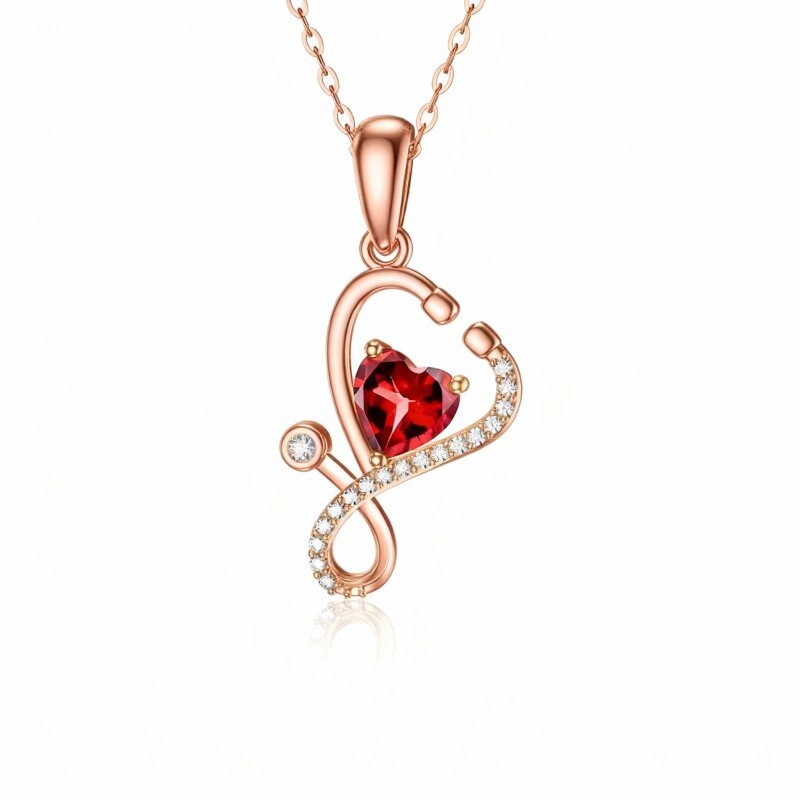 10K Rose Gold Heart Cut Cubic Zirconia Heart & Stethoscope Pendant Necklace-1