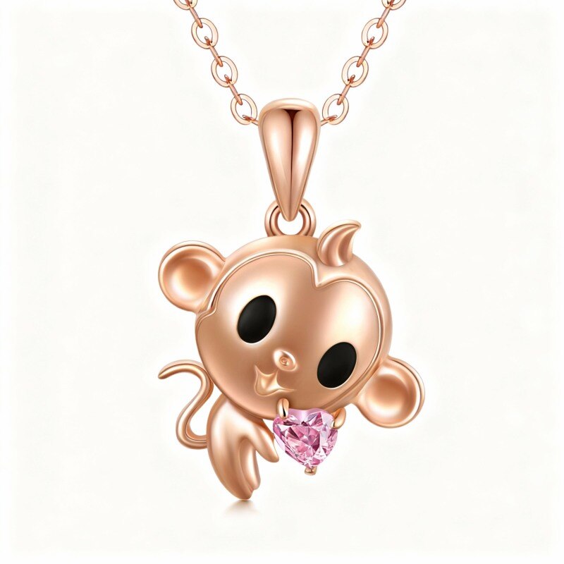 Collar con colgante de mono de circonita cúbica talla corazón en oro rosa de 10 quilates-1