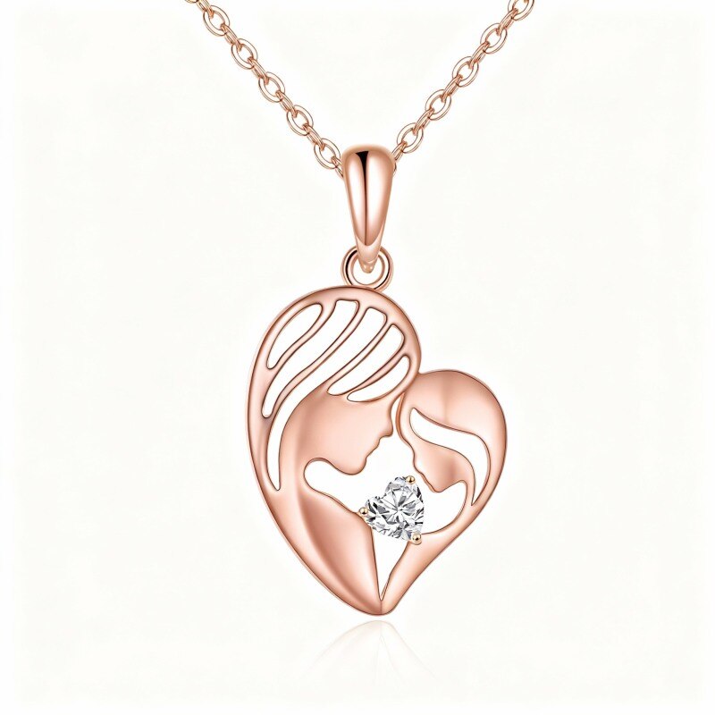 Collar con colgante de madre e hija en oro rosa de 14 quilates con circonitas cúbicas talla corazón-1