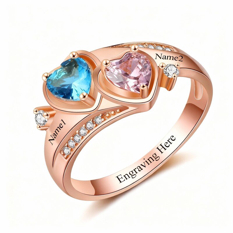 Bague personnalisée en or rose 10 carats avec zircon cubique en forme de cœur et pierre de naissance-1