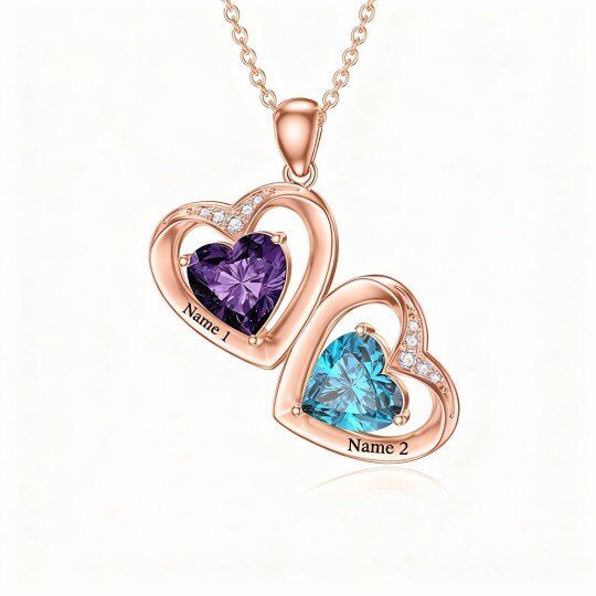 Collar con colgante de corazón, circonita cúbica tallada y piedra natal personalizada en oro rosa de 10 quilates, con nombre clásico personalizado y colgante de corazón.