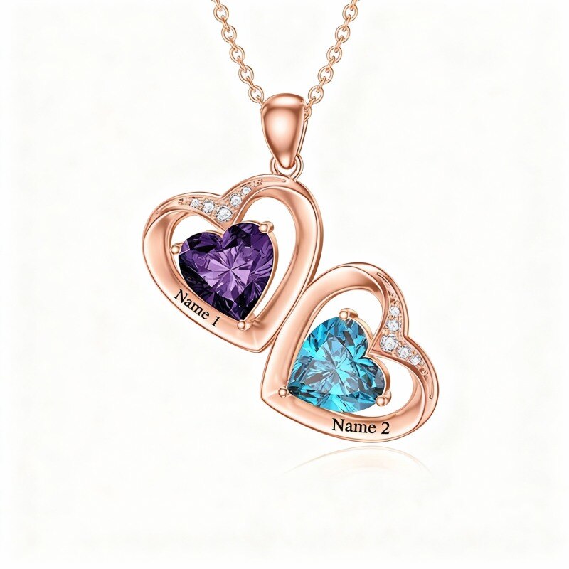 Collier pendentif personnalisé en or rose 18 carats avec zircon cubique en forme de cœur, pierre de naissance et prénom classique personnalisés.-1