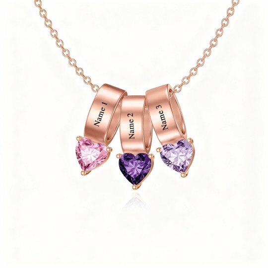 Collar con colgante de oro rosa de 10 quilates con circonita cúbica talla corazón, piedra natal personalizada y nombre clásico personalizado.