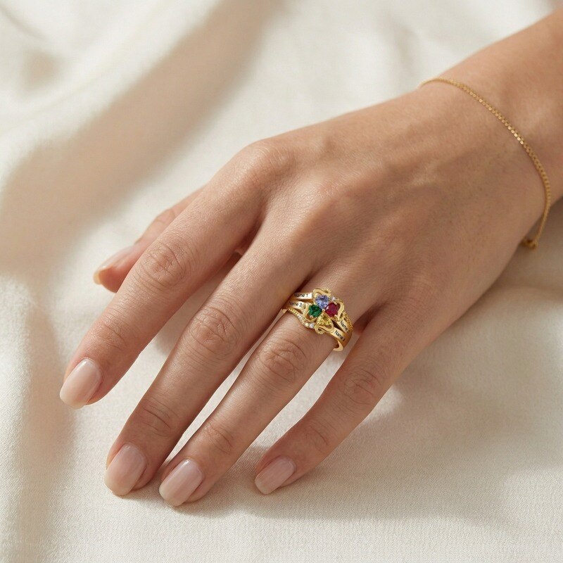 10K Rose Gold Heart Cut Cubic Zirconia Personalized Birthstone & Personalized Classic Name Ring-3