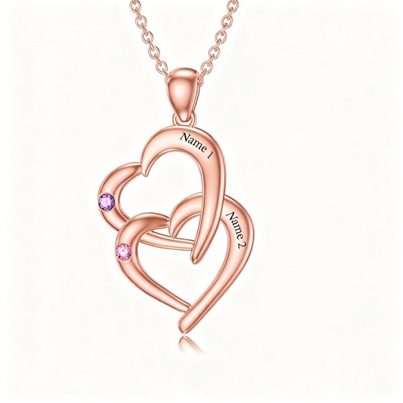 Collier pendentif cœur en or rose 10 carats avec zircon cubique taille cœur, pierre de naissance personnalisée et gravure personnalisée-1
