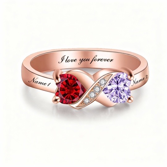 Anillo de oro rosa de 9 quilates con circonita cúbica talla corazón, piedra natal personalizada y grabado personalizado.