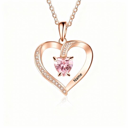 10K Rose Gold Heart Cut Cubic Zirconia Personalized Birthstone & Personalized Engraving & Mother Pendant Necklace