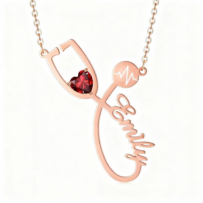 Collier pendentif en or rose 14 carats avec zircon cubique en forme de cœur, personnalisé avec nom classique, électrocardiogramme et stéthoscope-1