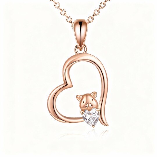 Collier pendentif en or rose 10 carats avec zircon cubique en forme de cœur et cochon