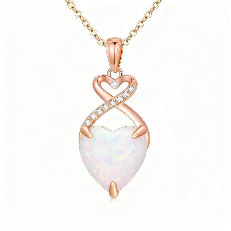 Collier pendentif cœur en or rose 10 carats avec diamant de laboratoire et opale-1