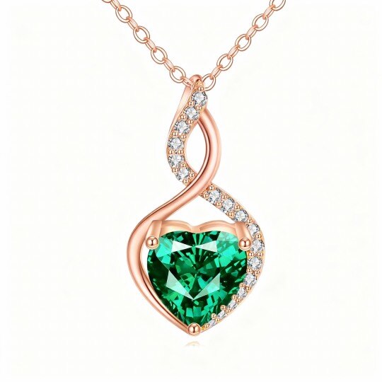 10K Rose Gold Heart Cut Lab Created Emerald Heart & Infinity Symbol Pendant Necklace