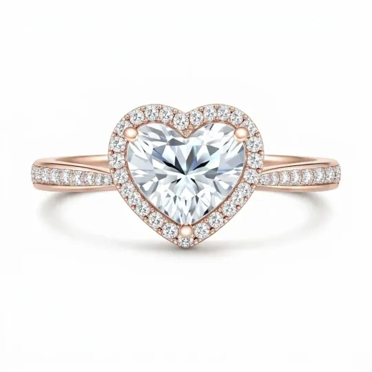 Anillo de compromiso personalizado de oro rosa de 10 quilates con diamante cultivado en laboratorio talla corazón.