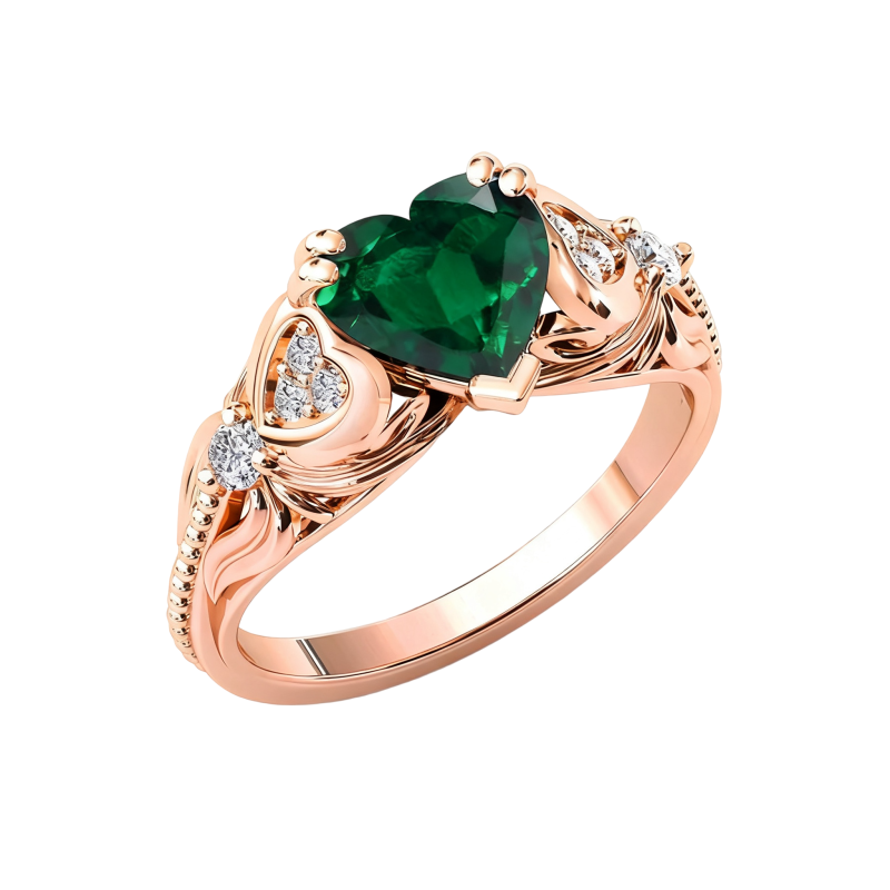 Anillo de compromiso personalizado de oro rosa de 14 quilates con esmeralda cultivada en laboratorio talla corazón.-1