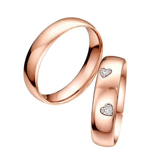 Anillos de pareja personalizados de oro rosa de 10 quilates con diamantes cultivados en laboratorio con talla de corazón.
