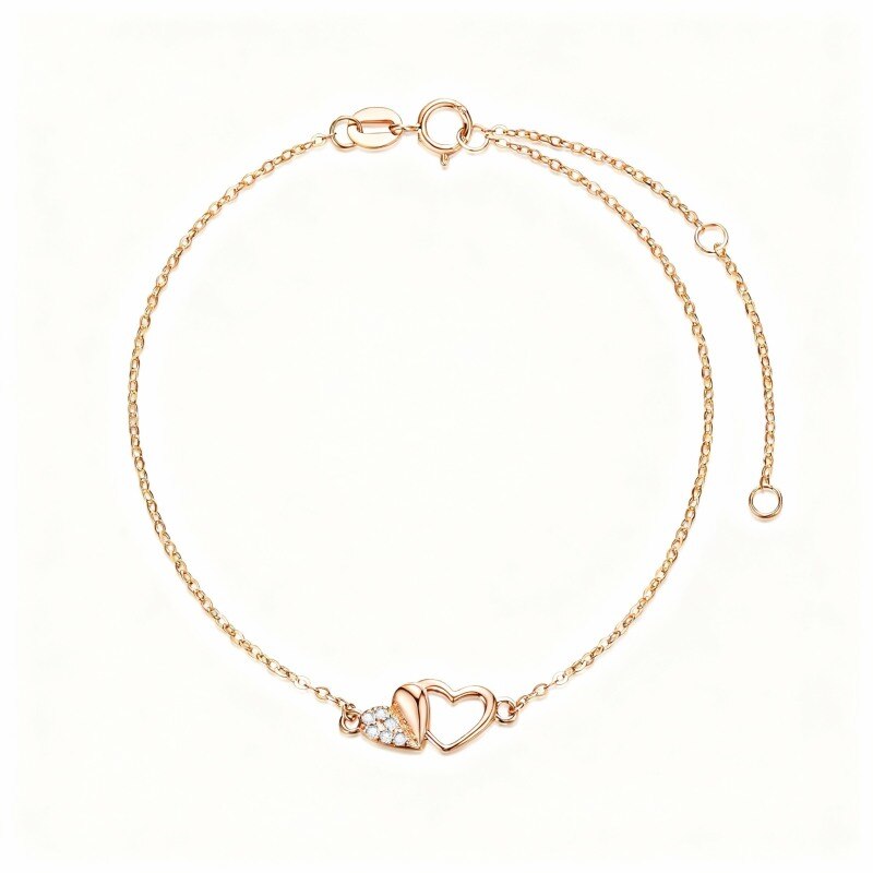 Pulsera de oro rosa de 14 quilates con dije de corazón de moissanita tallada y corazón-1