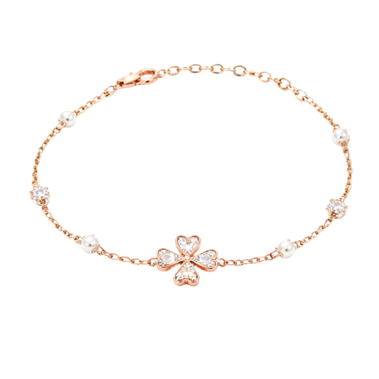 10K Rose Gold Heart Cut Moissanite & Pearl Four Leaf Clover Charm Bracelet