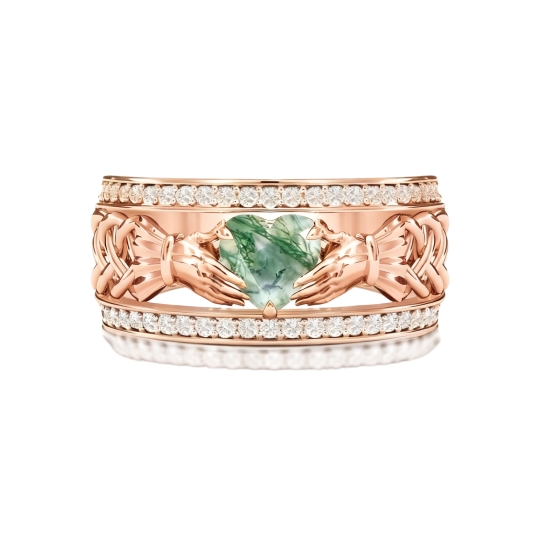 Claddagh-ring met hartvormige mosagaat van 10 karaats roségoud en hartvormige slijping.