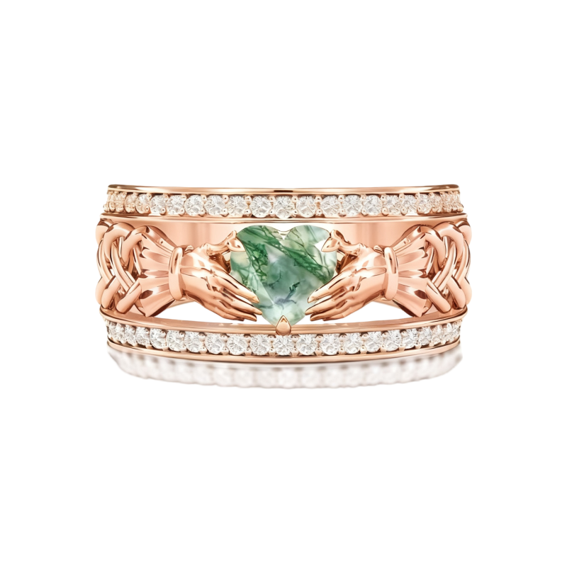 Anillo Claddagh de oro rosa de 10 quilates con ágata musgosa tallada en forma de corazón y anillo de corazón-3