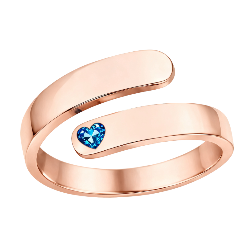 Anillo abierto de oro rosa de 10 quilates con corte en forma de corazón, piedra natal personalizada, grabado personalizado y números romanos.-1