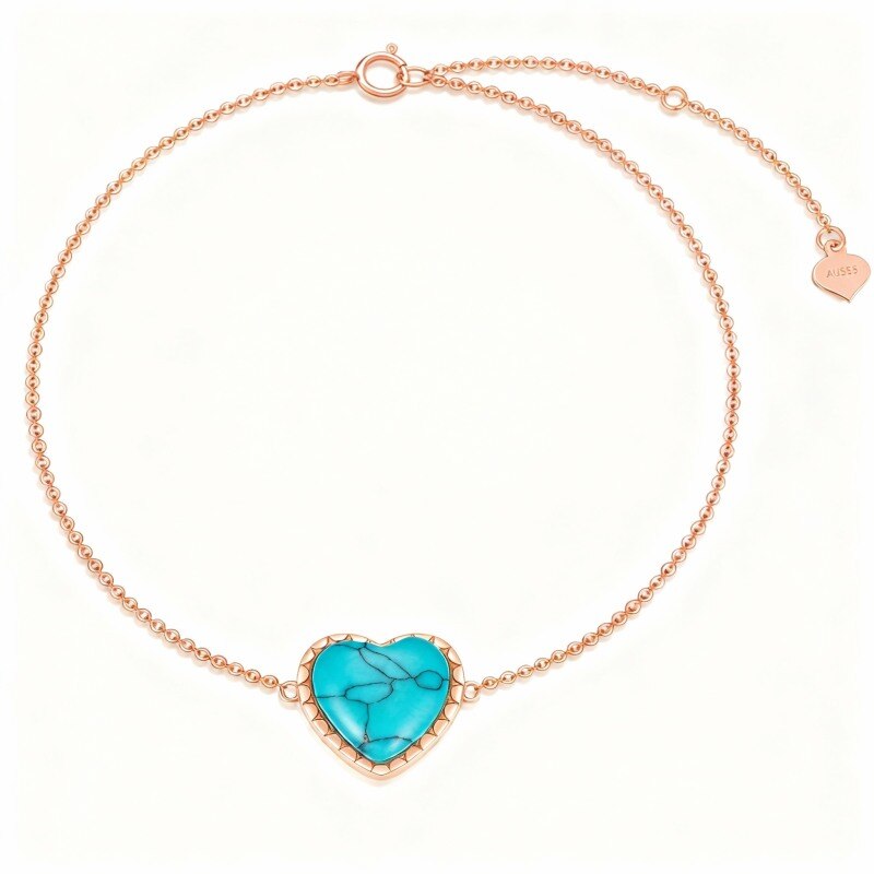 Bracelet en or rose 18 carats avec breloque cœur turquoise taille cœur-1