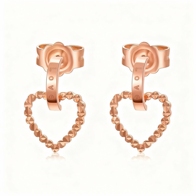 Boucles d'oreilles pendantes en or rose 18 carats en forme de cœur avec inscription-1