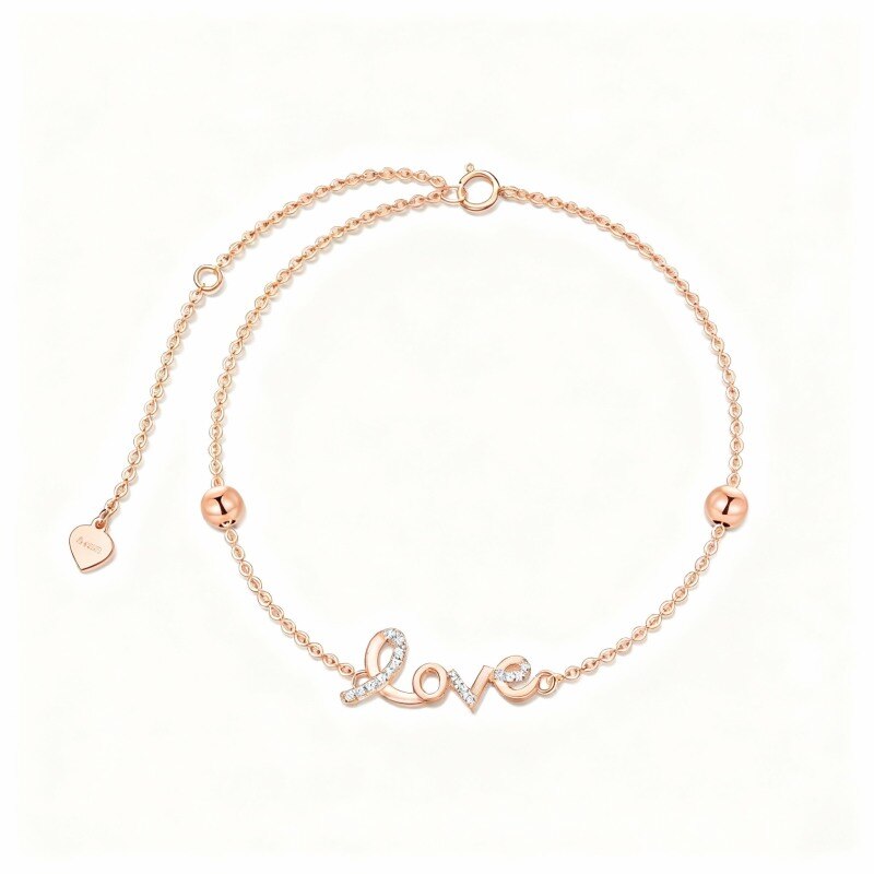 Pulsera de cuentas de metal con forma de corazón en oro rosa de 18 quilates con palabra grabada-1