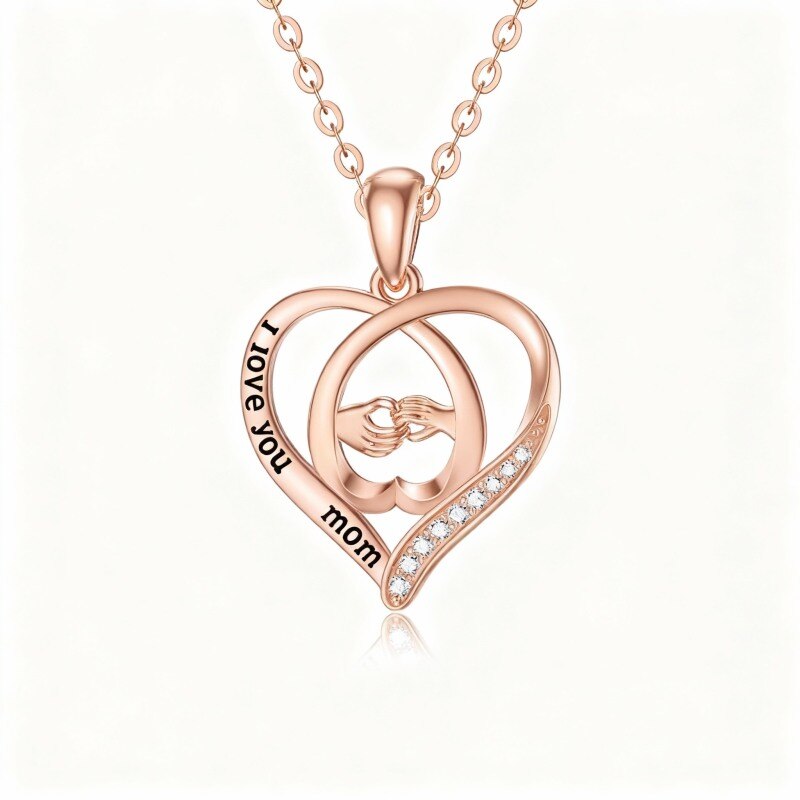 Collar con colgante de corazón de oro rosa de 14 quilates con palabra grabada-1
