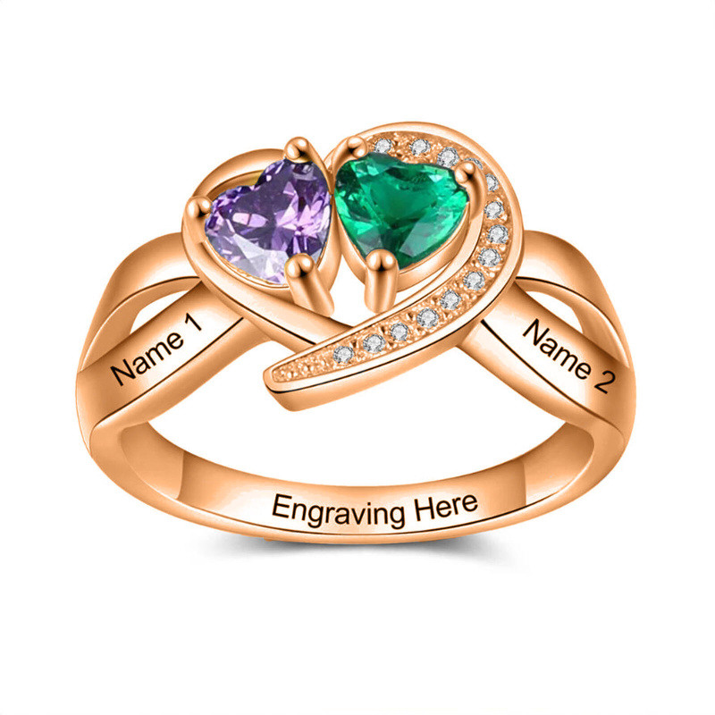 Anillo de oro rosa de 10 quilates con forma de corazón, piedra natal personalizada y grabado personalizado para mujer-3