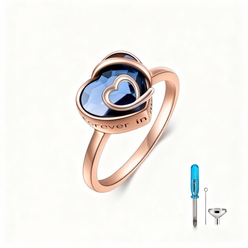 Bague en or rose 9 carats en forme de cœur avec cristal et inscription gravée-14