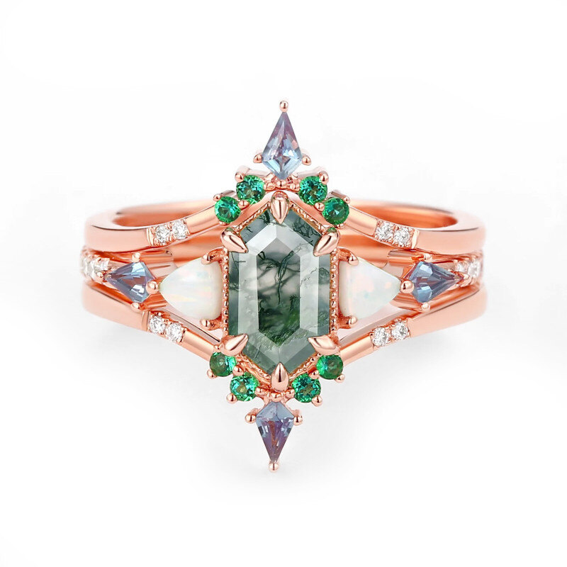Sterling Silver with Rose Gold Plated Hexagon Cut Moss Agate Engagement Ring-7