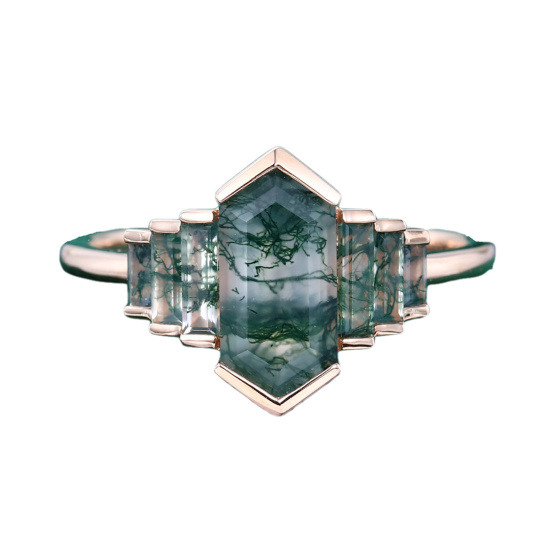 Ring aus Sterlingsilber mit roségoldplattiertem, sechseckig geschliffenem Moosachat