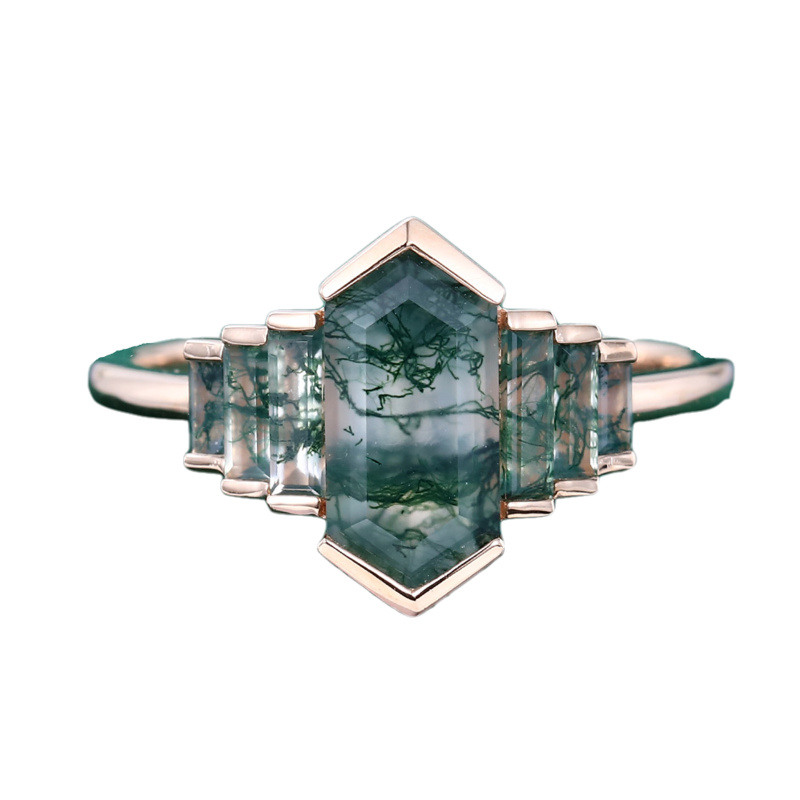 Anillo de plata de ley con ágata musgosa tallada hexagonal y chapado en oro rosa-6