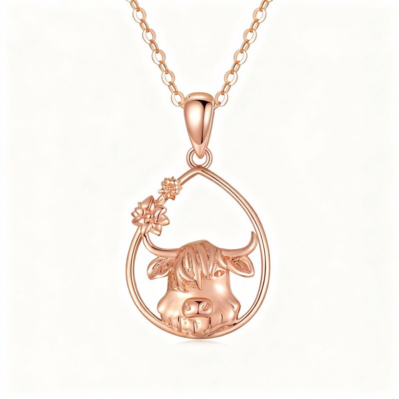 Collier pendentif en or rose 10 carats en forme de vache des Highlands et de goutte-1