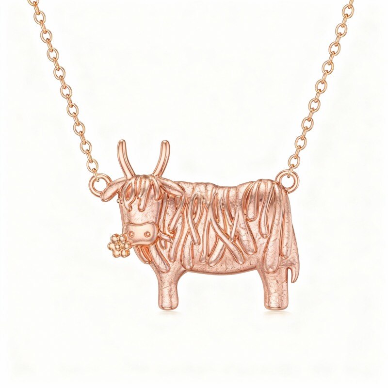Collier pendentif vache des Highlands en or rose 10 carats-1