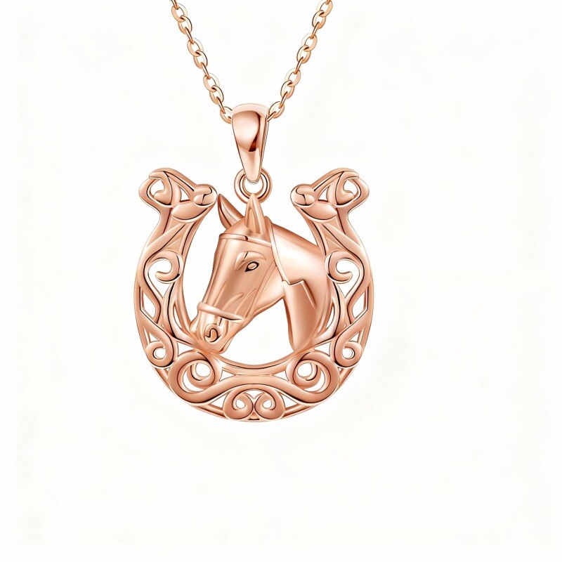 Collier pendentif cheval et fer à cheval en or rose 18 carats-1