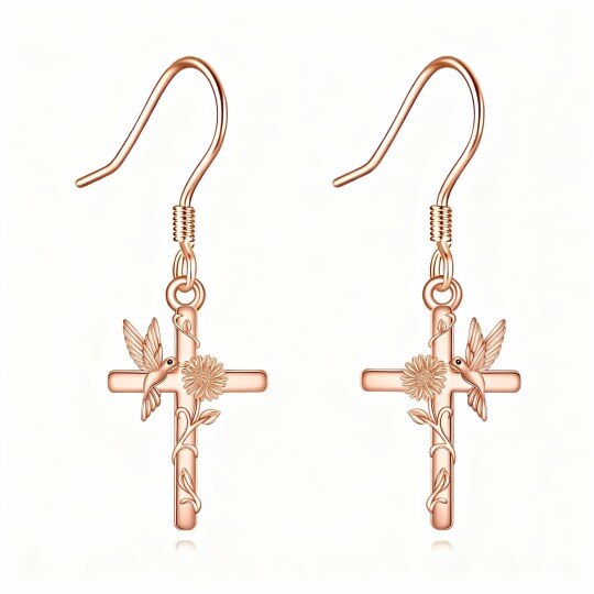 Pendientes colgantes de colibrí y cruz en oro rosa de 10 quilates